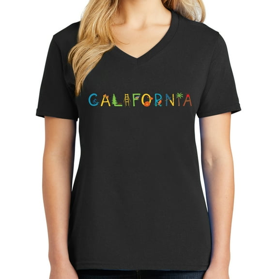 California Sign logo Ladies Big Size Core Cotton V neck T-Shirt - Jet Black 4XL