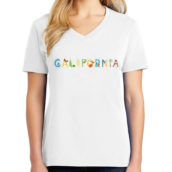 California Sign logo Ladies Big Size Core Cotton V neck T-Shirt - White XL