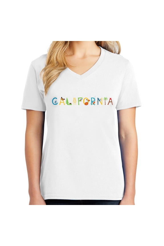 California Sign logo Ladies Big Size Core Cotton V neck T-Shirt - White XL