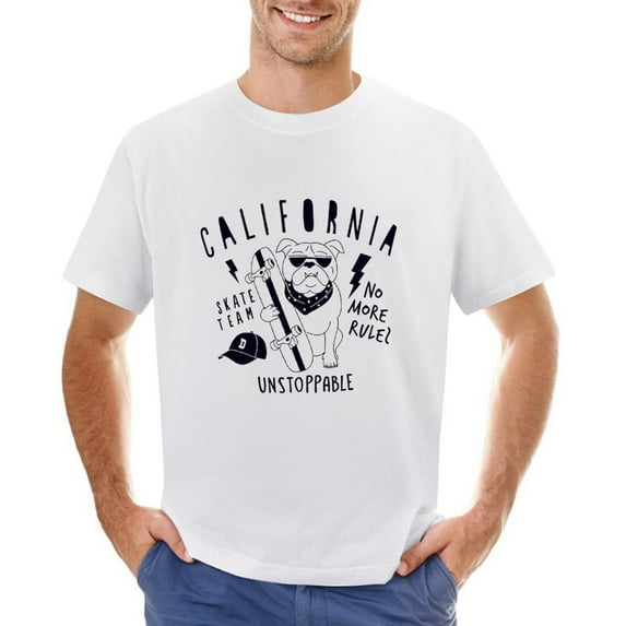 California Skater Dog Vintage T-shirt Mens Cotton Classic Crewneck Short Sleeve Tees Unisex White S