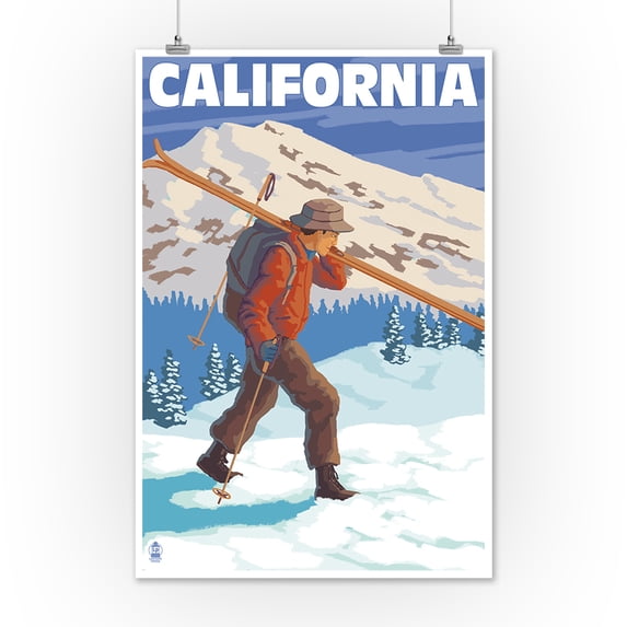 California - Skier Carrying - Lantern Press Poster (12x18 Art Print, Wall Decor Travel Poster)