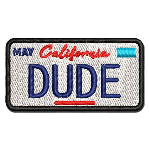 California Slang Dude License Plate Applique Multi-Color Embroidered Iron-On Patch - 2.0 Inch Mini