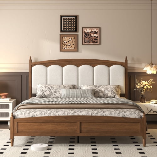 California Split King Size Mid-Century Modern Platform Bed Frame with Upholstered Headboard, Sturdy Wood Construction, No Box Spring Needed, Brown