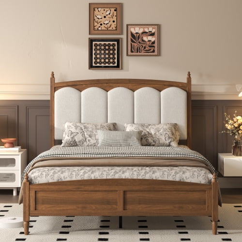 California Split Queen Size Mid-Century Modern Platform Bed Frame with Upholstered Headboard, Sturdy Wood Construction, No Box Spring Needed, Brown