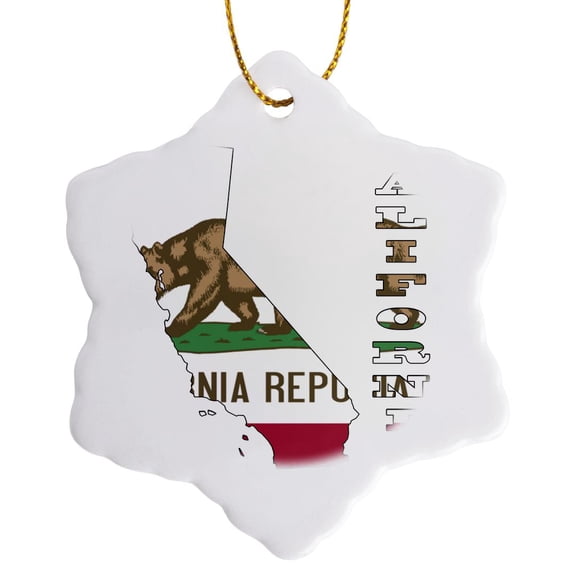 California State Flag In The Outline Map And Letters Of California, 3 inch Snowflake Porcelain Ornament