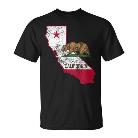 California State Flag and Outline Distressed Graphic Cotton T-Shirt Unisex Adult Soft Breathable Tee Casual Comfortable Everyday Outfit, Size S, Color Black