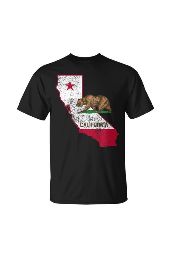 California State Flag and Outline Distressed Graphic Cotton T-Shirt Unisex Adult Soft Breathable Tee Casual Comfortable Everyday Outfit, Size S, Color Black