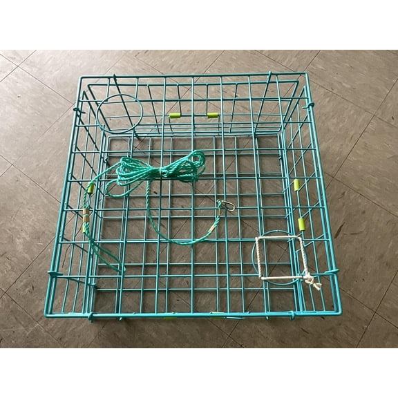 California State Legal Crab Trap Foldable 24" Fold-Up Crab Trap Deluxe, | Vinyl-Coated Steel Wire | Foldable for Easy Storage & Transport | 4 Entrance Doors & 2 Escape Rings, with Cotton Thread.