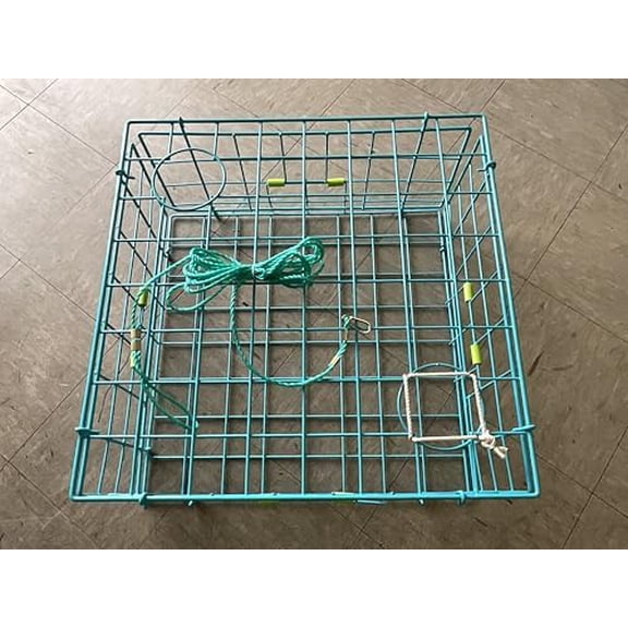 California State Legal Crab Trap Foldable 24" Fold-Up Crab Trap Deluxe, | Vinyl-Coated Steel Wire | Foldable for Easy Storage & Transport | 4 Entrance Doors & 2 Escape Rings, with Cotton Thread.