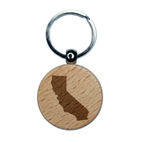 California State Silhouette Round Keychain Charm Tag - Engraved Wood