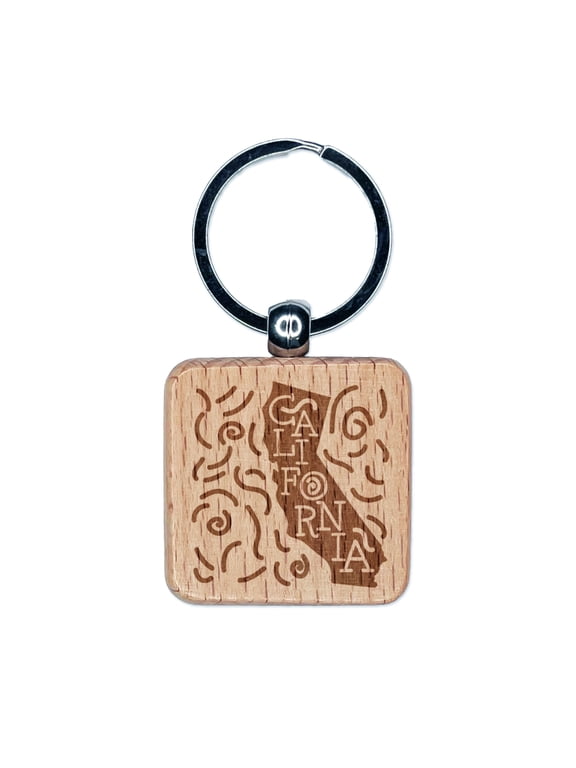 California State with Text Swirls Square Keychain Charm Tag - Engraved Wood