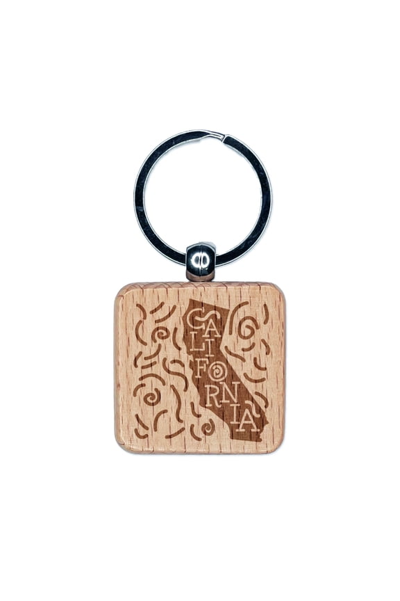 California State with Text Swirls Square Keychain Charm Tag - Engraved Wood