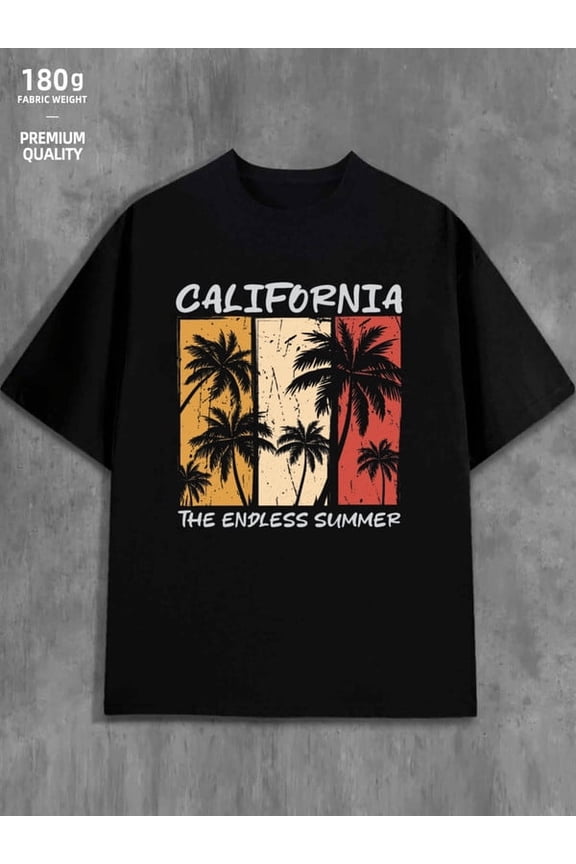 California Summer Vibes Los Angeles graphic t shirts t shirts mens 180G 100% Cotton black Summer wear, retro style, comfortable fit, printed T-shirts, street-style couples' wear graphics 79 Hallowee