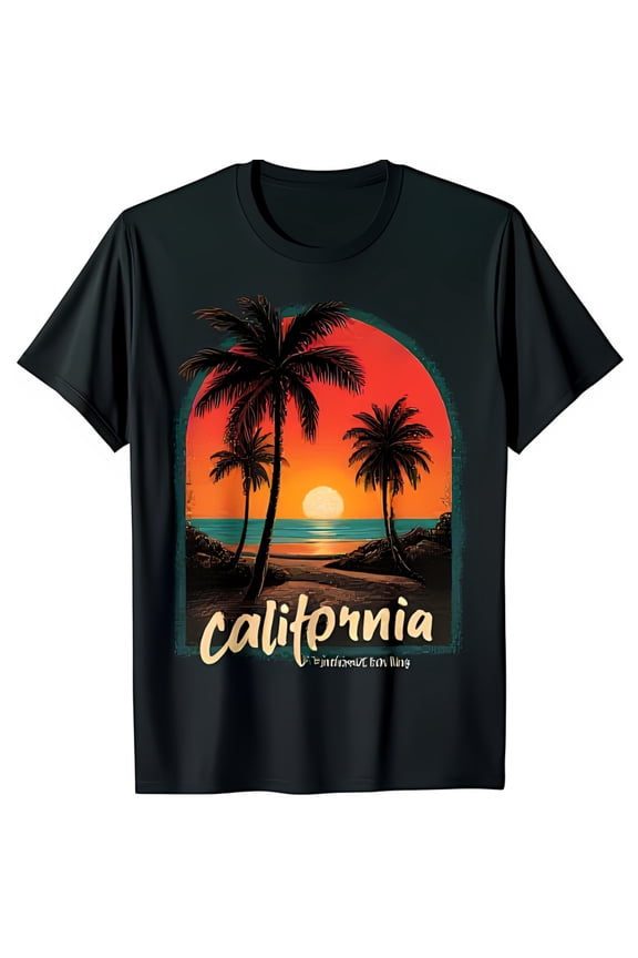California Sunset Beach T-Shirt Vintage Trees & Ocean Design