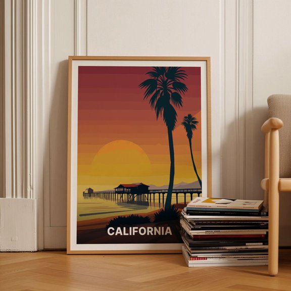 California Sunset Beach Travel Home Wall Decor, Unframed Paper Poster 8x10in
