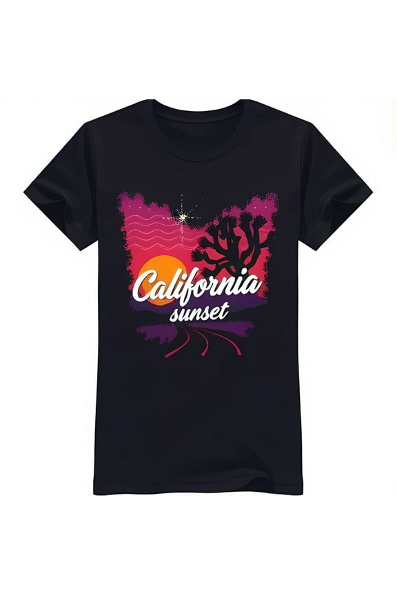 California Sunset Graphic Black T-Shirt with Joshua Tree Design Short Sleeve Neck