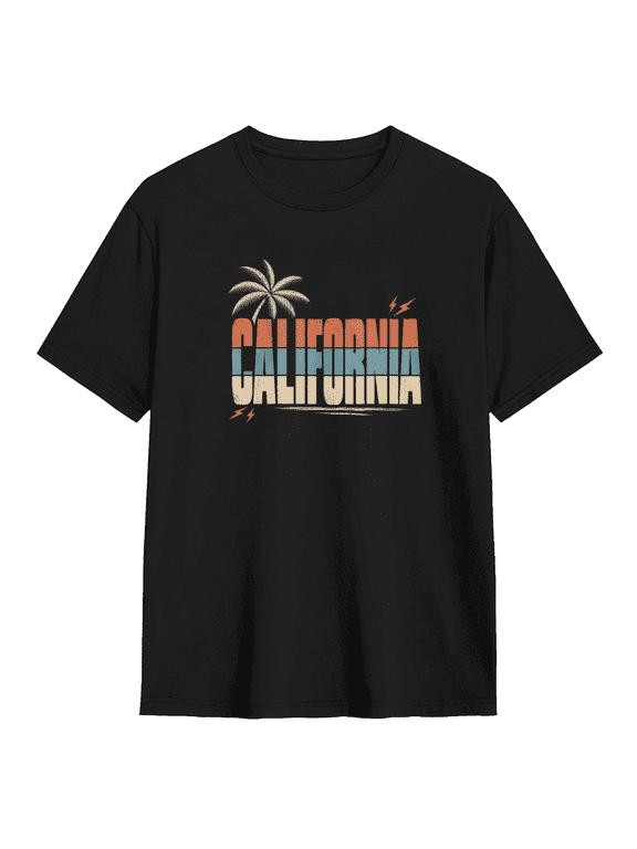 California Sunset Ocean Theme Retro Graphic Tee for Men and Women, Outdoor Beach Cotton Short Sleeves T-Shirt