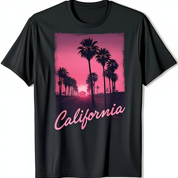 California Sunset T-Shirt Black Tee with Pink Trees Design