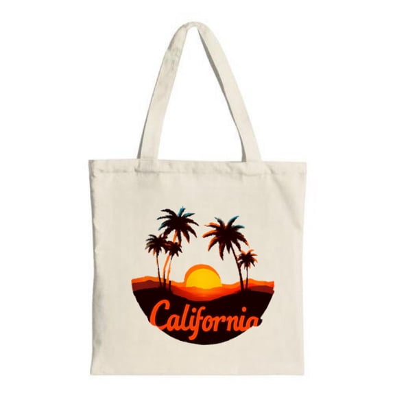 California Sunset Tote Bag - Vibrant palm tree design with bold orange lettering on a warm gradient background perfect for shopping and travel