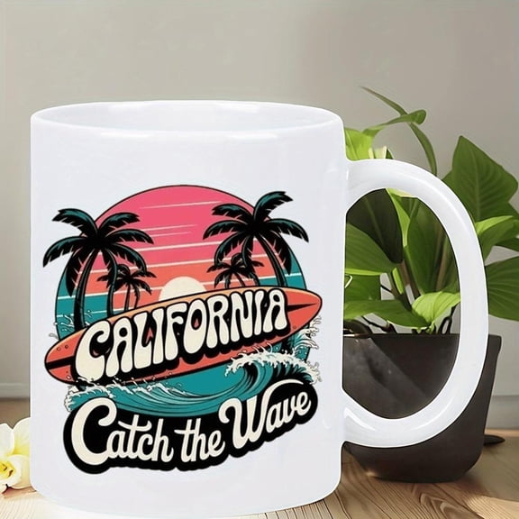 California Surf Ceramic Mug Catch Wave Cup with Trees Sunset Surfboard Dishwasher Coastal Decor Beach House Kitchen or Gifts White Ceramic Cup Surf Oc