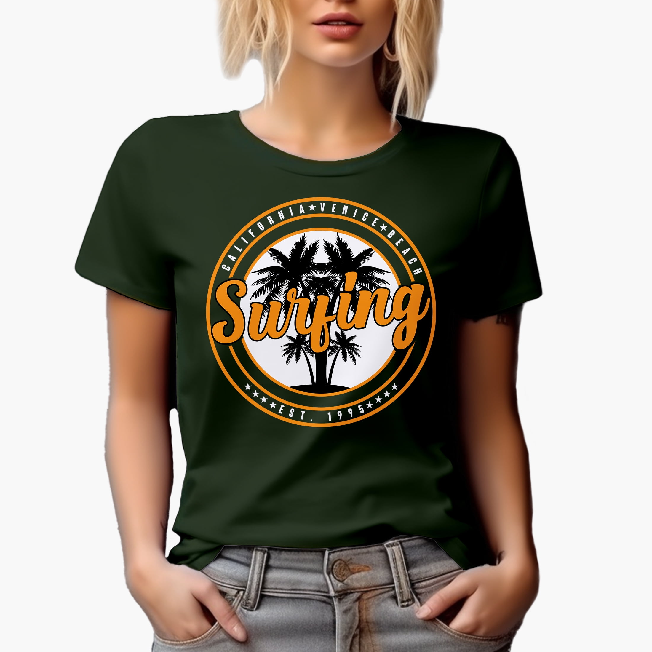 California Surfing, Surfer, Military Green T-Shirt, Medium
