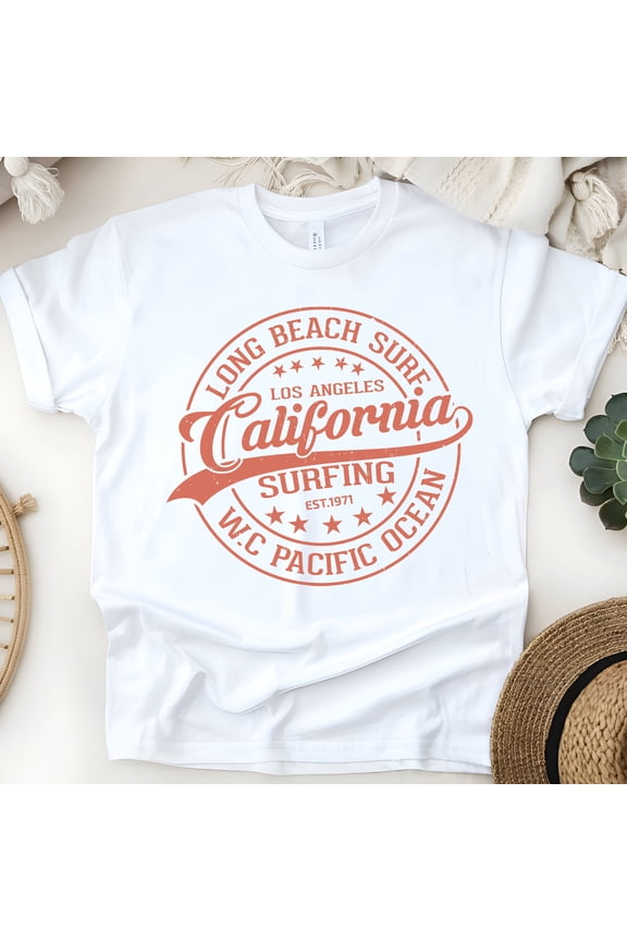 California Surfing T-Shirt Los Angeles Pacific Ocean Graphic Tee, White, Size L