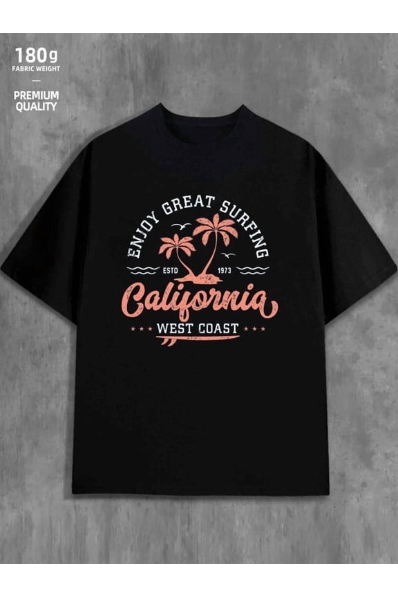 California Surfing Tee Los Angeles funny t shirts plain for men 180G Cotton black Summer wear, retro style, comfortable fit, printed T-shirts, street-style cou