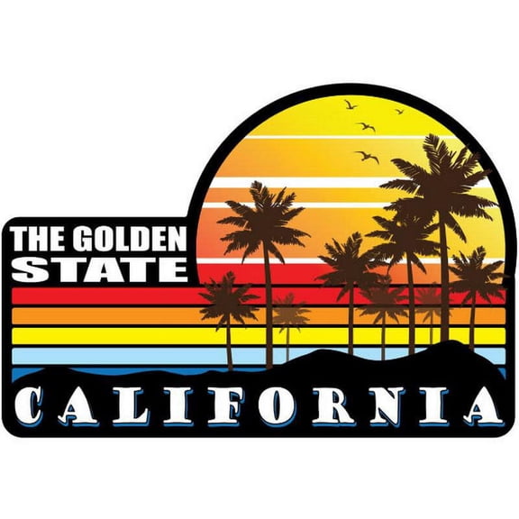 California - The Golden Sate Palm Sunset Silhouettes - Postcard Sized Vinyl Sticker 6" x 4"