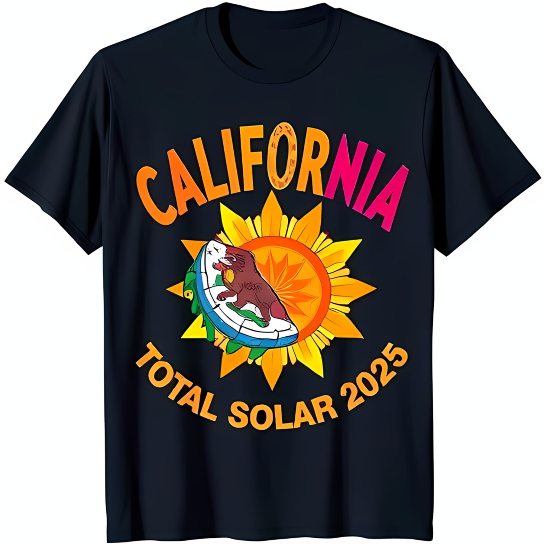 California Total Solar 2025 Black TShirt with Sunflower & Bear Graphic