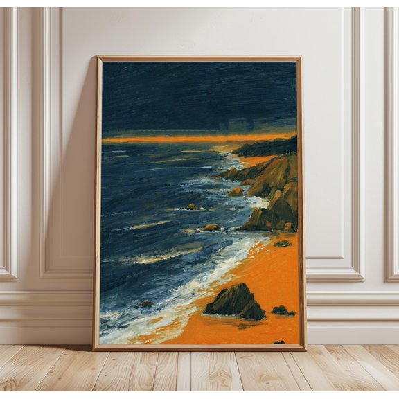 California Travel Golden Coast Sunset Art Vibrant Orange And Navy Beach Print, Unframed Paper Print