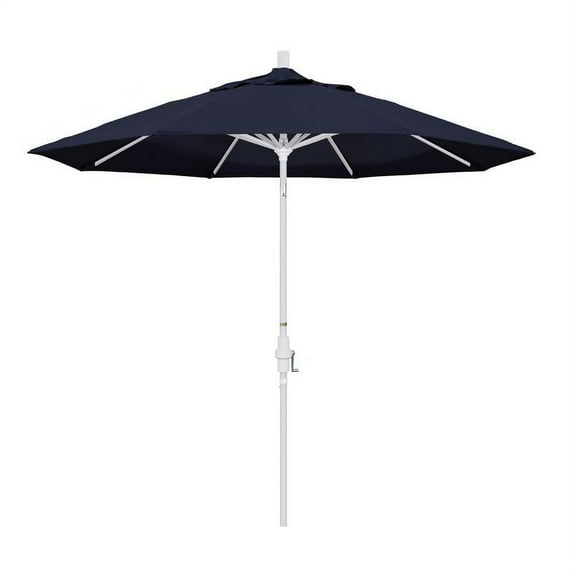 California Umbrella 9' Golden State Series Patio Umbrella With Matted White Aluminum Pole Aluminum Ribs Collar Tilt Crank Lift With Pacifica Navy Blue Fabric