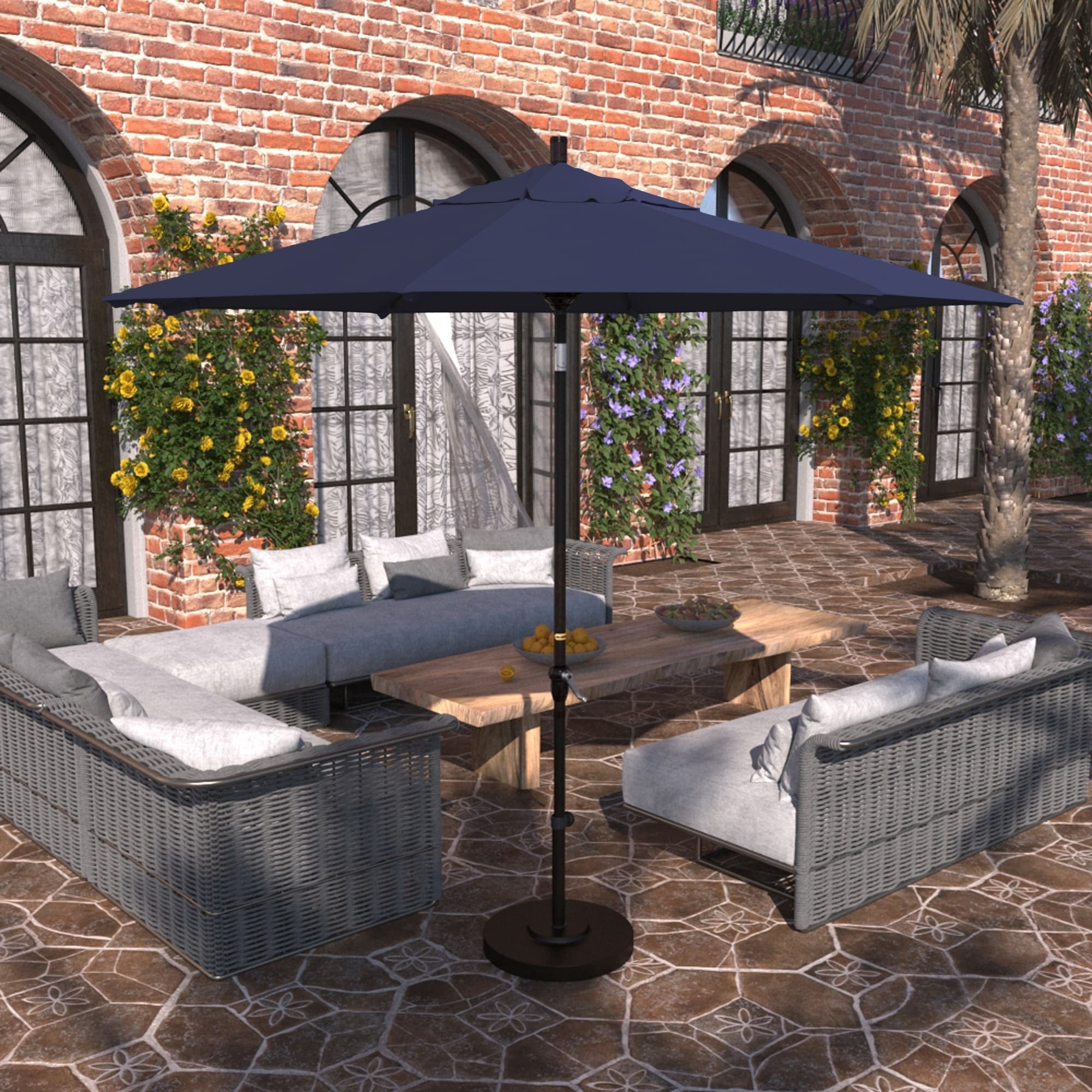 california umbrella 9' patio umbrella Newport Collection AATF908AH002-5410 w/ Silver Anodized Aluminum Pole Fiberglass Ribs Pulley Lift open feature 9' Wood Olefin Patio Umbrella,