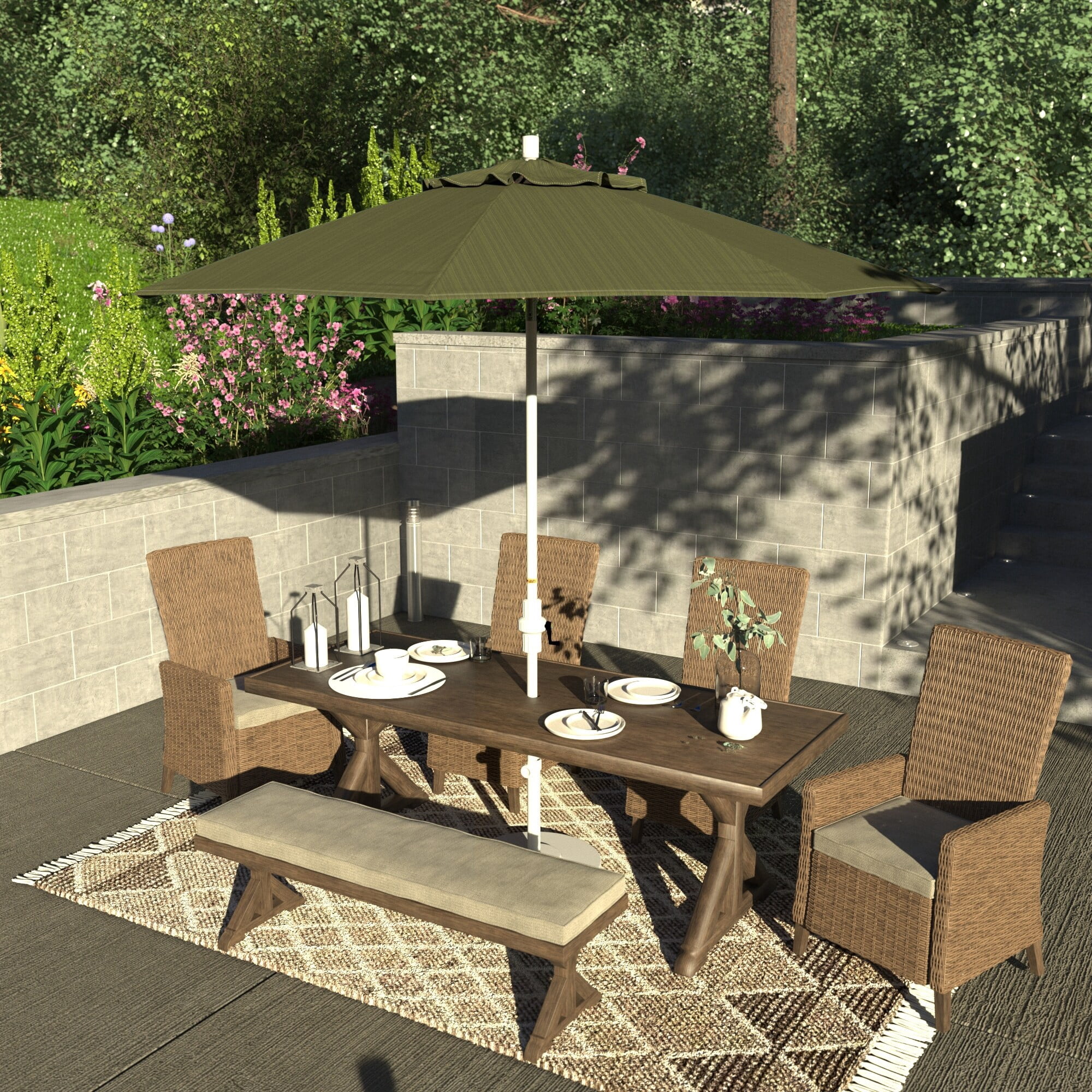 California Umbrella 9-ft Marktschirm – Fiberglas-Rippen, Kurbel, Neigbar, Bronze-Mast | Olefin-Bespannung