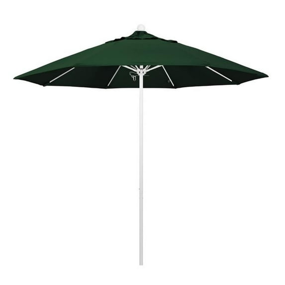 California Umbrella 9' Venture Series Patio Umbrella With Matted White Aluminum Pole Fiberglass Ribs Push Lift With Pacifica Hunter Green Fabric