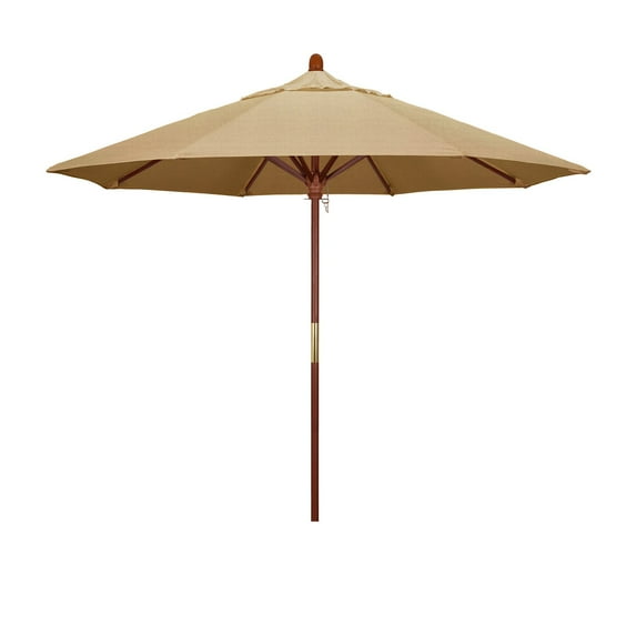 California Umbrella 9' Grove Series Patio Umbrella With Wood Pole Hardwood Ribs Push Lift With Sunbrella 2A Linen Sesame Fabric