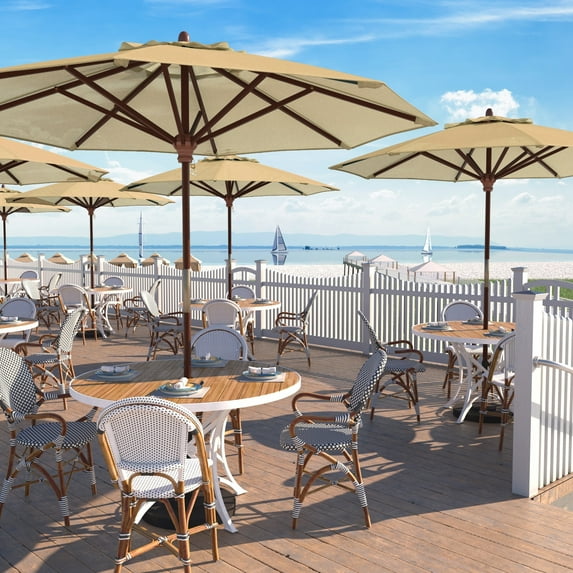 California Umbrella 9ft Marenti Wooden Sunbrella Patio Umbrella with Sunbrella Fabric, Base Not Included Antique Beige