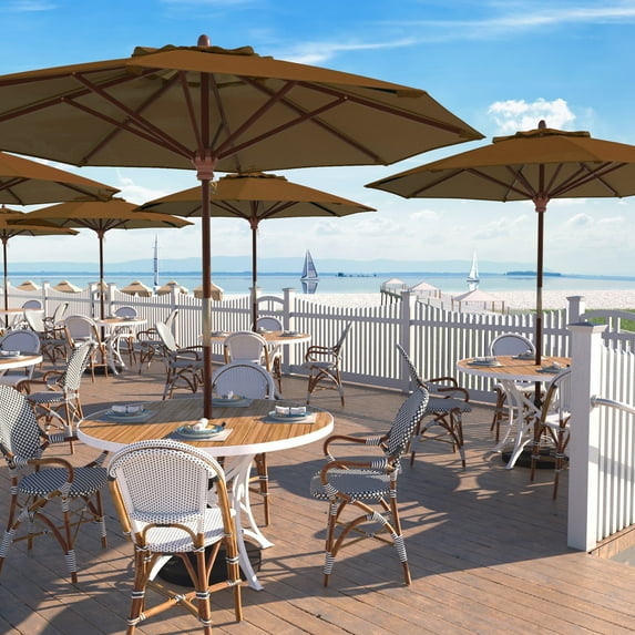 California Umbrella MARE908-5425 9 ft. Wood Market Umbrella Pulley Open Marenti Wood-Sunbrella-Cocoa