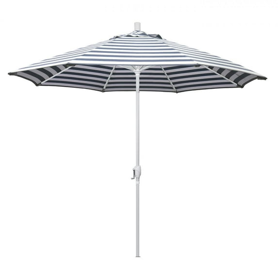California Umbrella Pacific Trail Series 9 Ft Octagonal Aluminum Push Button Tilt Patio Umbrella W/ Crank Lift - Matted White Frame / Olefin Navy White Cabana Stripe Canopy