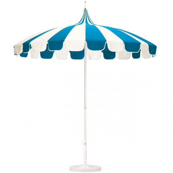 California Umbrella Pagoda Series 8.5 Ft Round Aluminum Pagoda Patio Umbrella W/ Push Lift & Steel Wire Ribs - White Frame / Sunbrella Pacific Blue Stripe Canopy