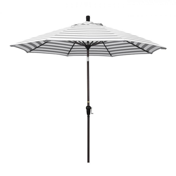 California Umbrella Sunset Series 9 Ft Octagonal Aluminum Auto Tilt Patio Umbrella W/ Crank Lift - Bronze Frame / Olefin Gray White Cabana Stripe Canopy