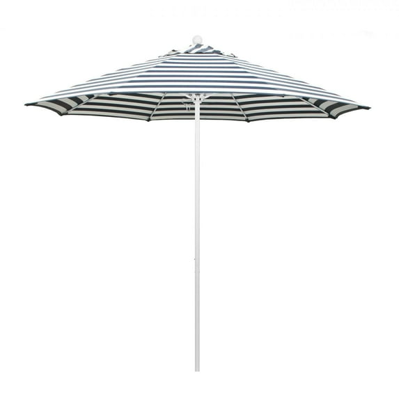 California Umbrella Venture Series 9 Ft Octagonal Aluminum Patio Umbrella W/ Push Lift & Fiberglass Ribs - Matted White Frame / Olefin Navy White Cabana Stripe Canopy