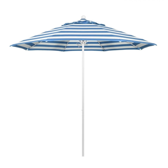 California Umbrella Venture Series 9 Ft Octagonal Aluminum Patio Umbrella W/ Push Lift & Fiberglass Ribs - Matted White Frame / Sunbrella Cabana Regatta Canopy