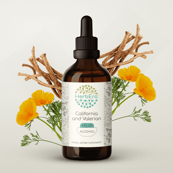 HerbEra California and Valerian Tincture, Herbal Dietary Supplement for Sleep Support, California Poppy (Eschscholzia californica), Valerian Root (Valeriana officinalis)Extract, Natural, Alcohol 4 oz