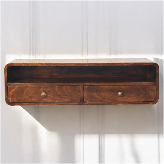 California Walnut Floating Console Table with 2 Drawers & Open Shelf, Solid Wood Wall Mounted Sofa Table for Entryway, Living Room, Brown
