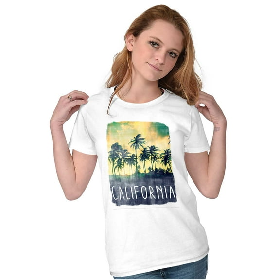 California Watercolor Palm Trees Womens Slim Fit Graphic Tee Brisco Brands M