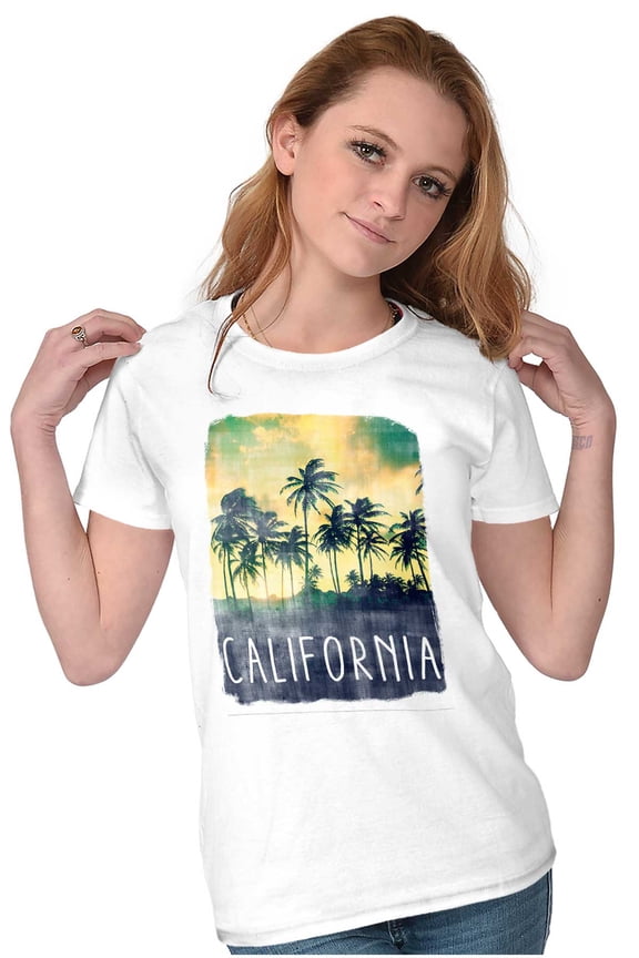 California Watercolor Palm Trees Womens Slim Fit Graphic Tee Brisco Brands L