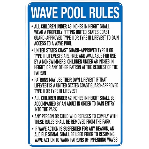 California Wave Pool Rules Sign 8"x12" - Pool Safety Code Compliant Security Metal Sign, Business Home Yard Garden Wall Safety Decor, Pool Area Rules