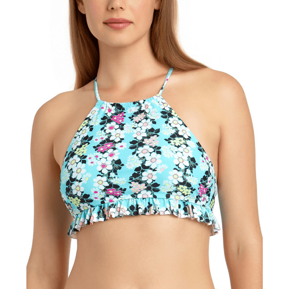 California Waves HANGTEN FLORAL Ruffle High-Neck Bikini Swim Top, US X-Small