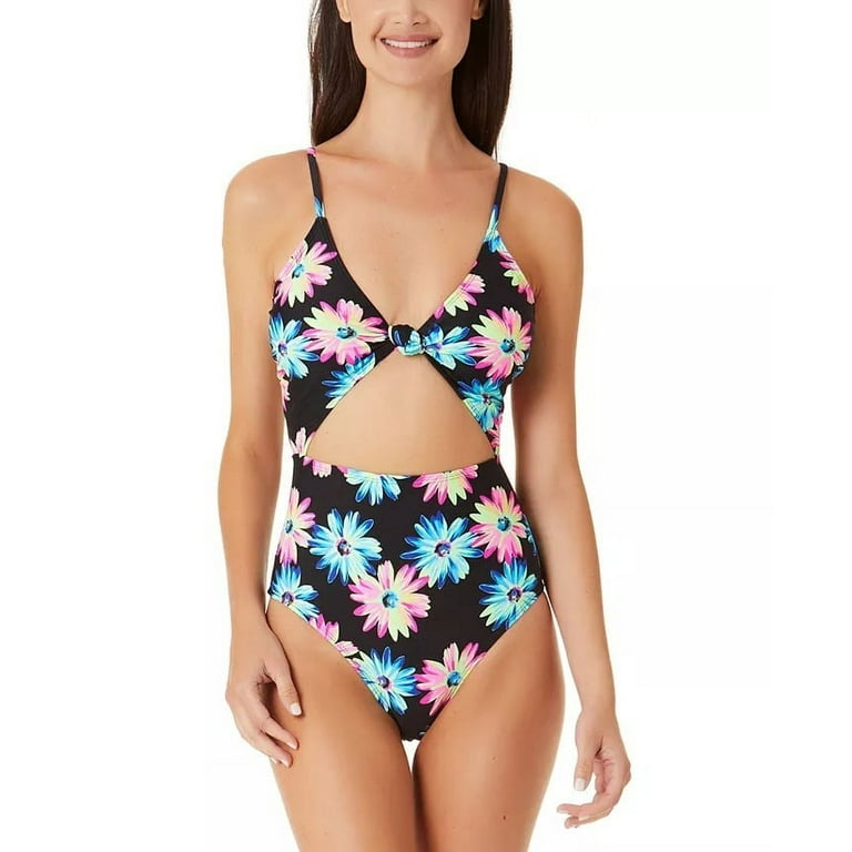 California Waves Junior s Gerber Daisy Knotted Cutout One Piece Swimsuit Black Size Large