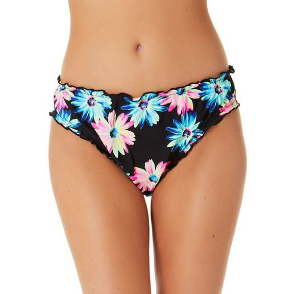 California Waves Junior's Gerber Daisy Lettuce Edge Hipster Bikini Bottoms Swimsuit Black Size X-Large